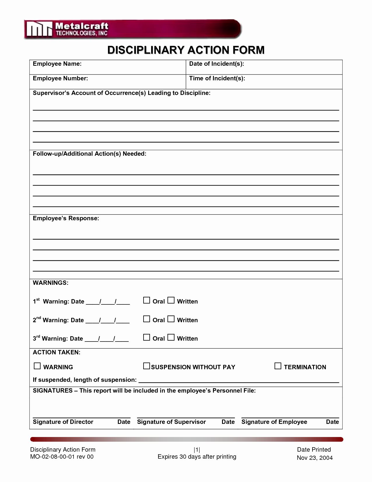 Free Printable Employee Disciplinary forms Unique Disciplinary Action form Employee forms