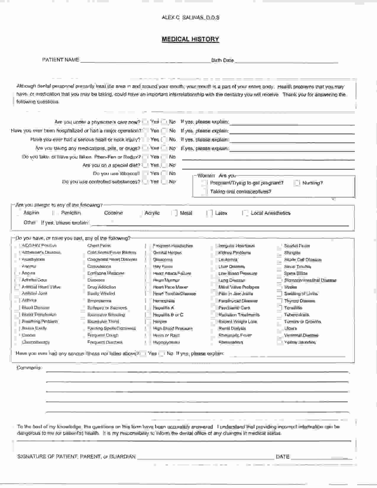 Free Printable Office forms Fresh Medical History form for Dental Fice