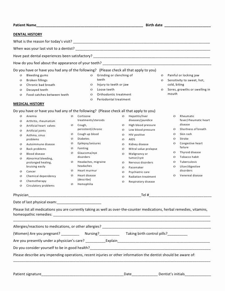 Free Printable Office forms Inspirational Medical History form for Dental Fice