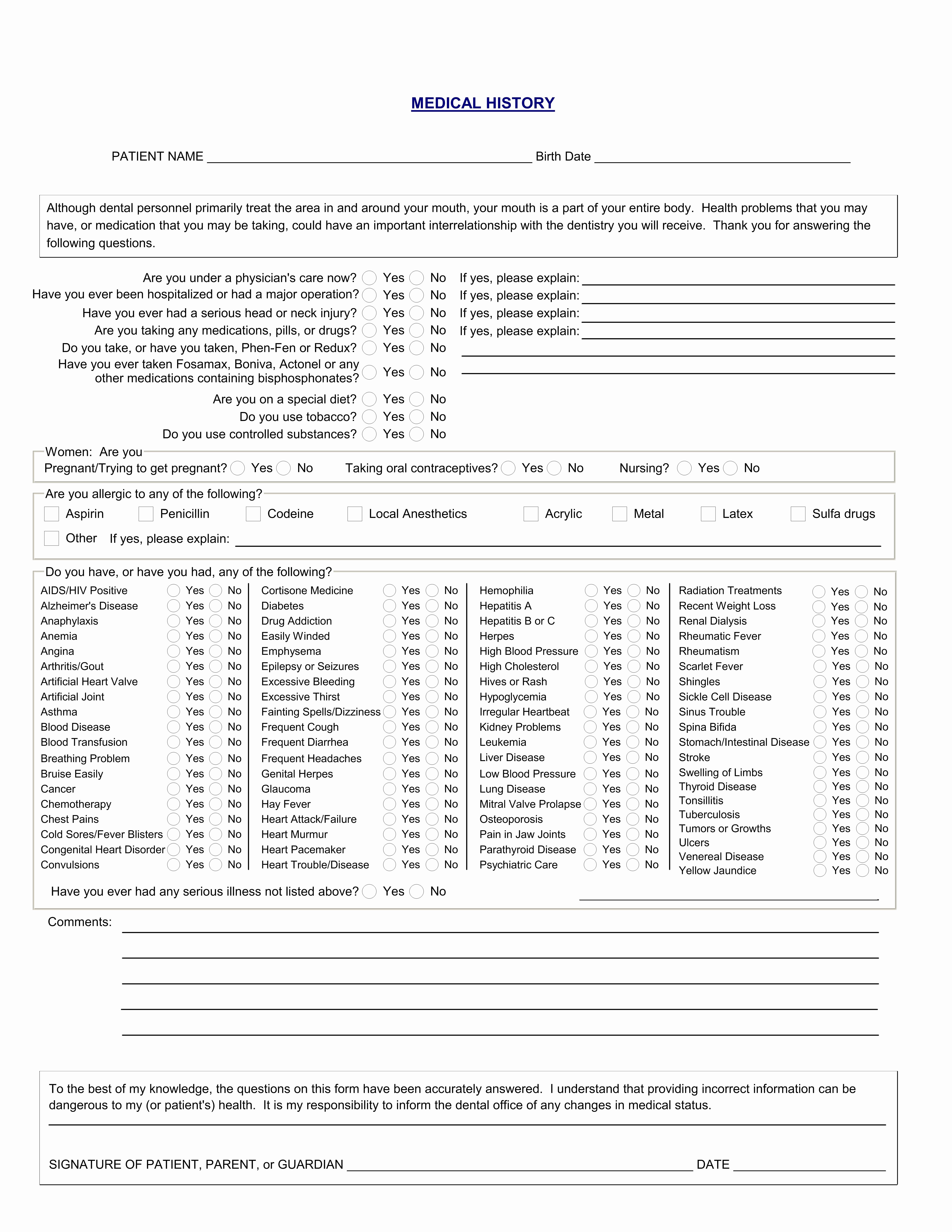 Free Printable Office forms Luxury Medical History form for Dental Fice