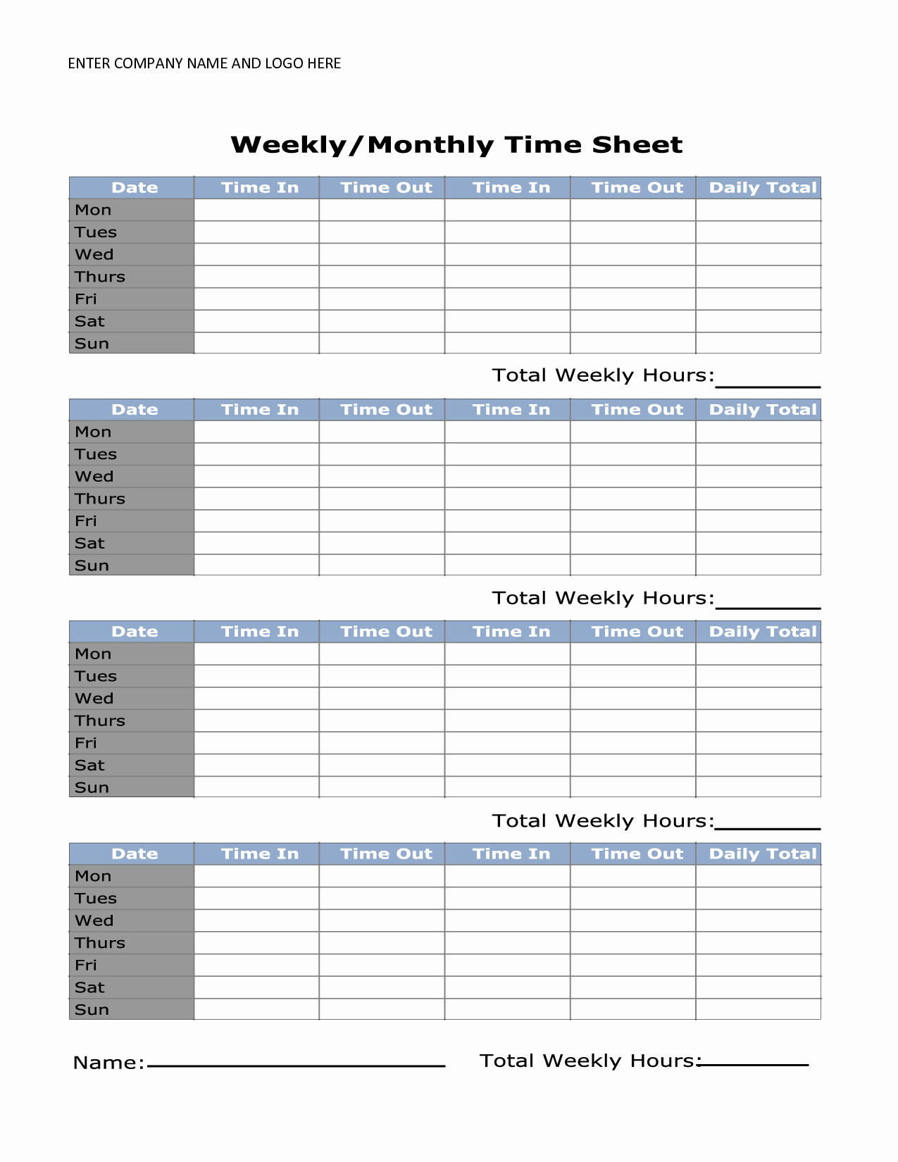Free Printable Time Cards Lovely 8 Best Of Printable Monthly Time Sheets Free
