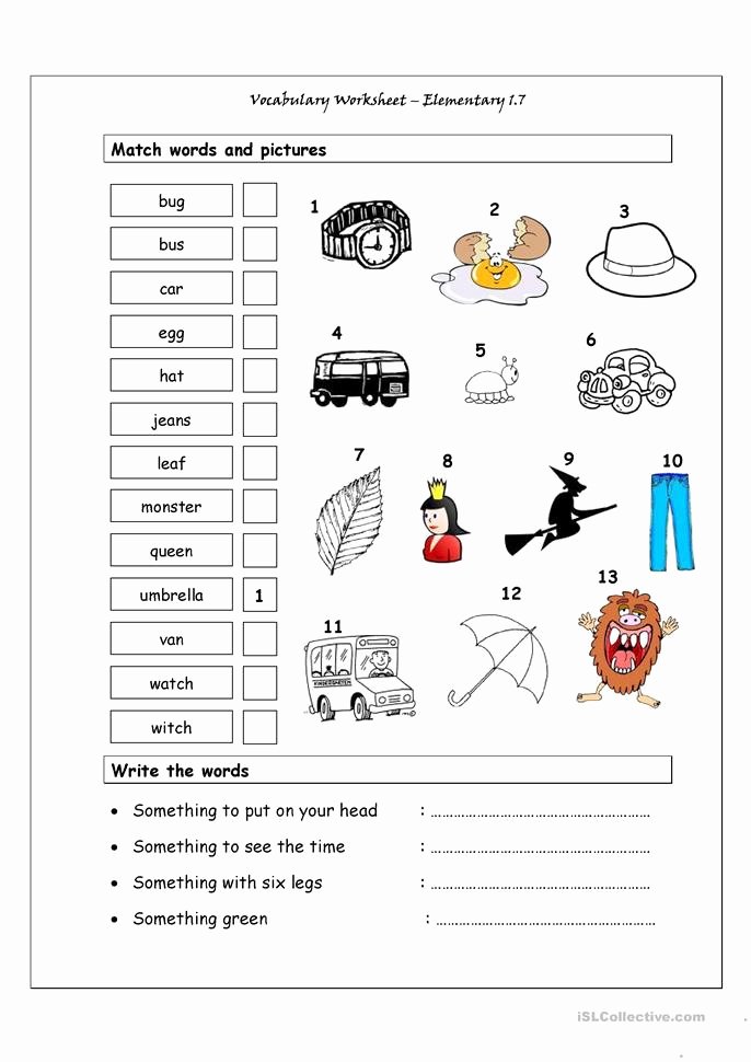 Free Printable Vocabulary Worksheets Awesome Vocabulary Matching Worksheet Elementary 1 7 Worksheet