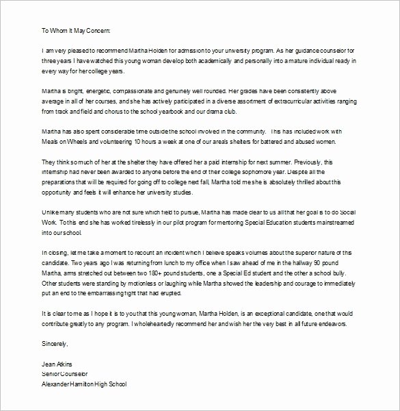 Free Sample Letter Of Recommendation Awesome College Re Mendation Letter Template