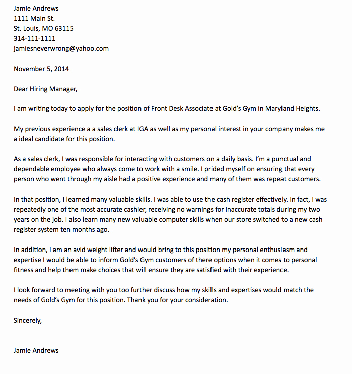 Front Office Cover Letter Awesome Front Desk associate Cover Letter Sample Jamie andrews