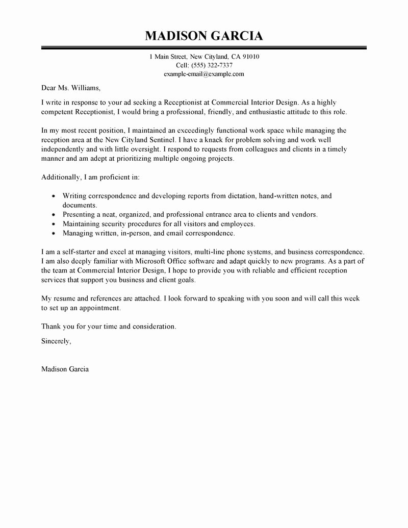 Front Office Cover Letter Beautiful Best Receptionist Cover Letter Examples