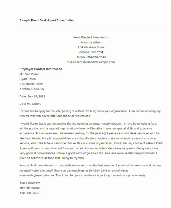 Front Office Cover Letter Inspirational 11 Front Desk Cover Letter Templates Free Sample