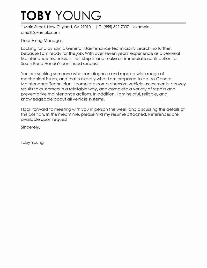 General Cover Letter Examples Fresh Leading Professional General Maintenance Technician Cover