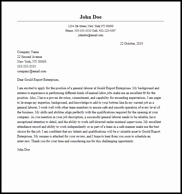 General Cover Letter for Job Unique Cover Letter for A Labourer Position
