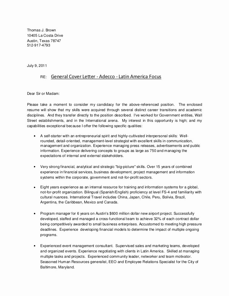 General Cover Letter Sample Fresh Cover Letter General Adecco Latin America Focus