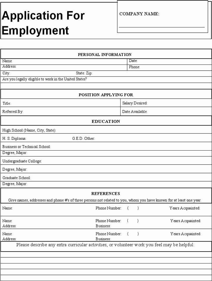 General Job Application form Beautiful 4 Generic Application for Employment Free Download