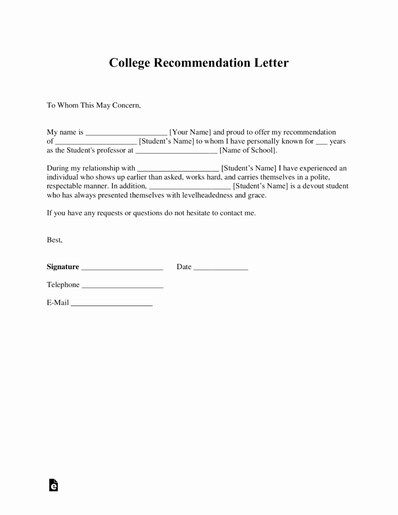 Generic Letter Of Recommendation Template Awesome Free College Re Mendation Letter Template with Samples