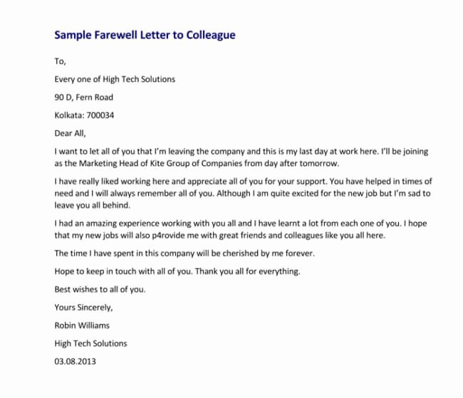 Goodbye Note to Coworkers Inspirational Sample Farewell Letter 9 Docs for Word and Pdf