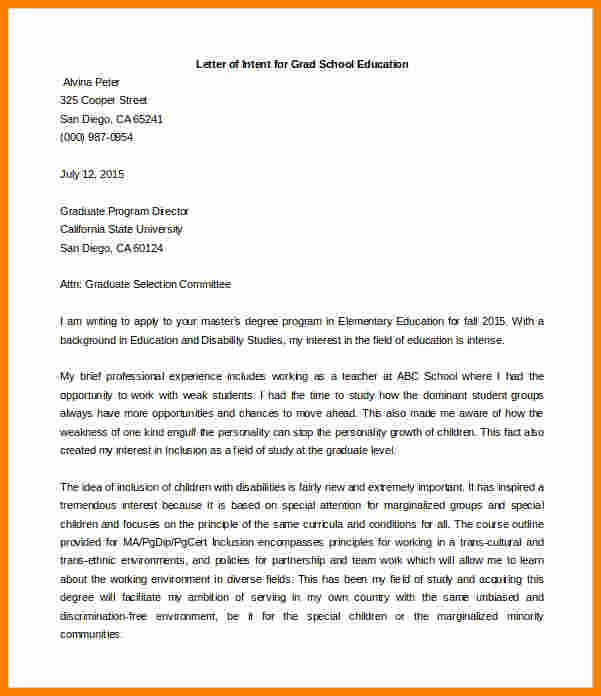 Graduate Letter Of Intent Sample Inspirational 6 Graduate School Letter Of Intent Sample