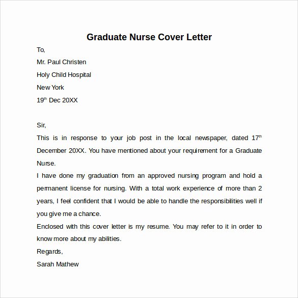 Graduate Nurse Cover Letter Examples Inspirational Nursing Cover Letter Template 9 Free Samples Examples