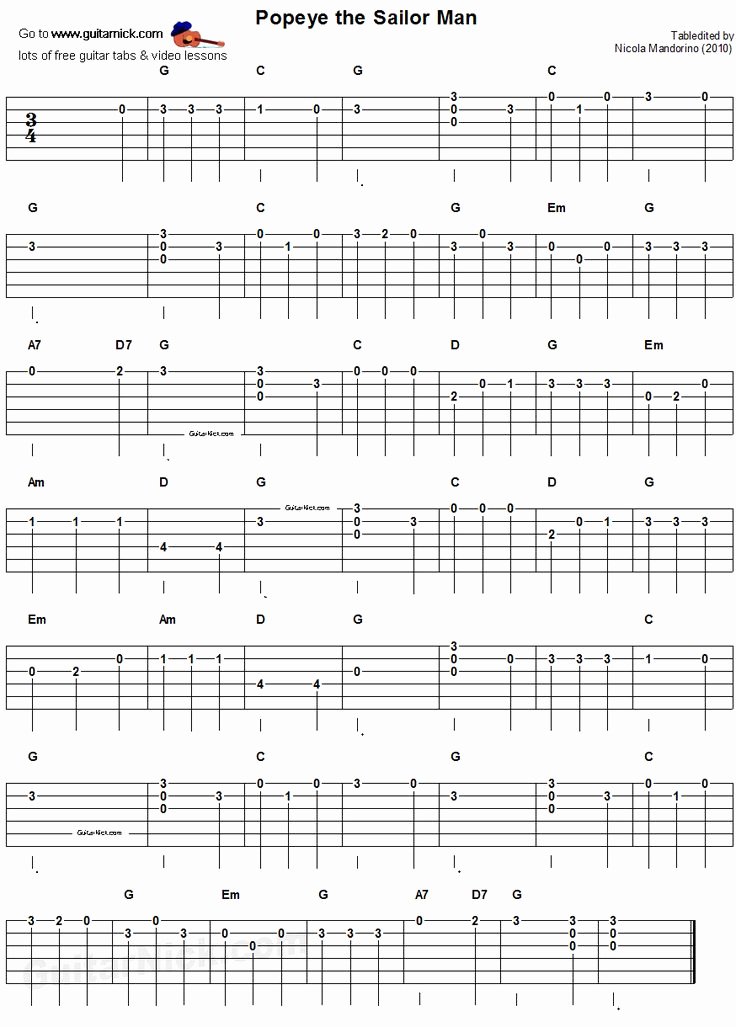 Guitar Chords for Beginners Beautiful Popeye the Sailor Man Easy song for Beginners Guitar