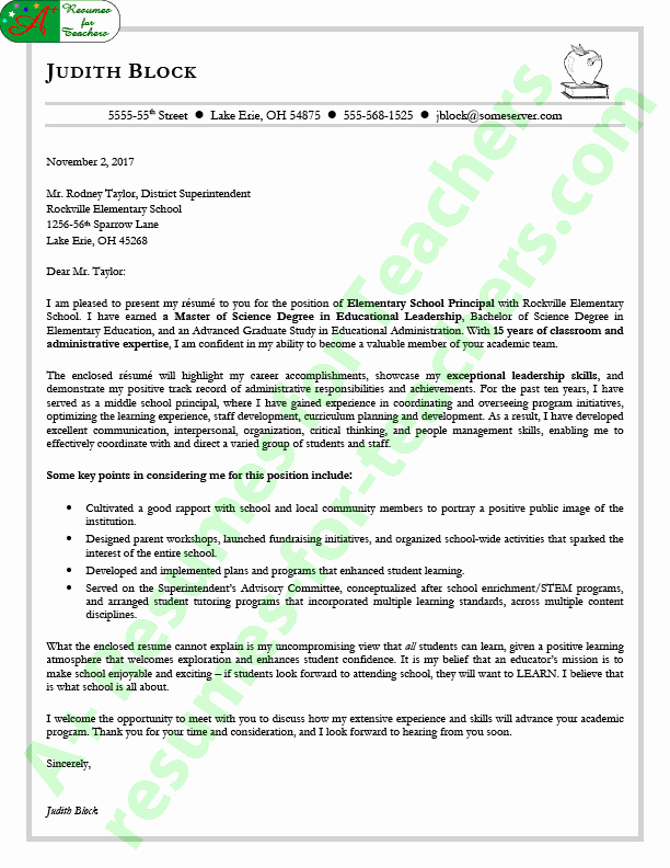 High School Principal Resume Fresh Elementary School Principal S Cover Letter Example