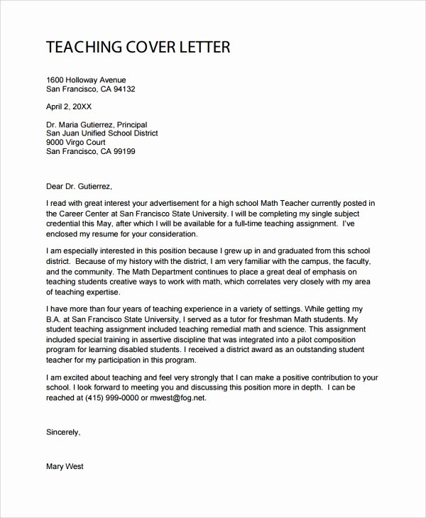 High School Teacher Cover Letter Best Of 8 Teacher Cover Letter Samples Examples Templates