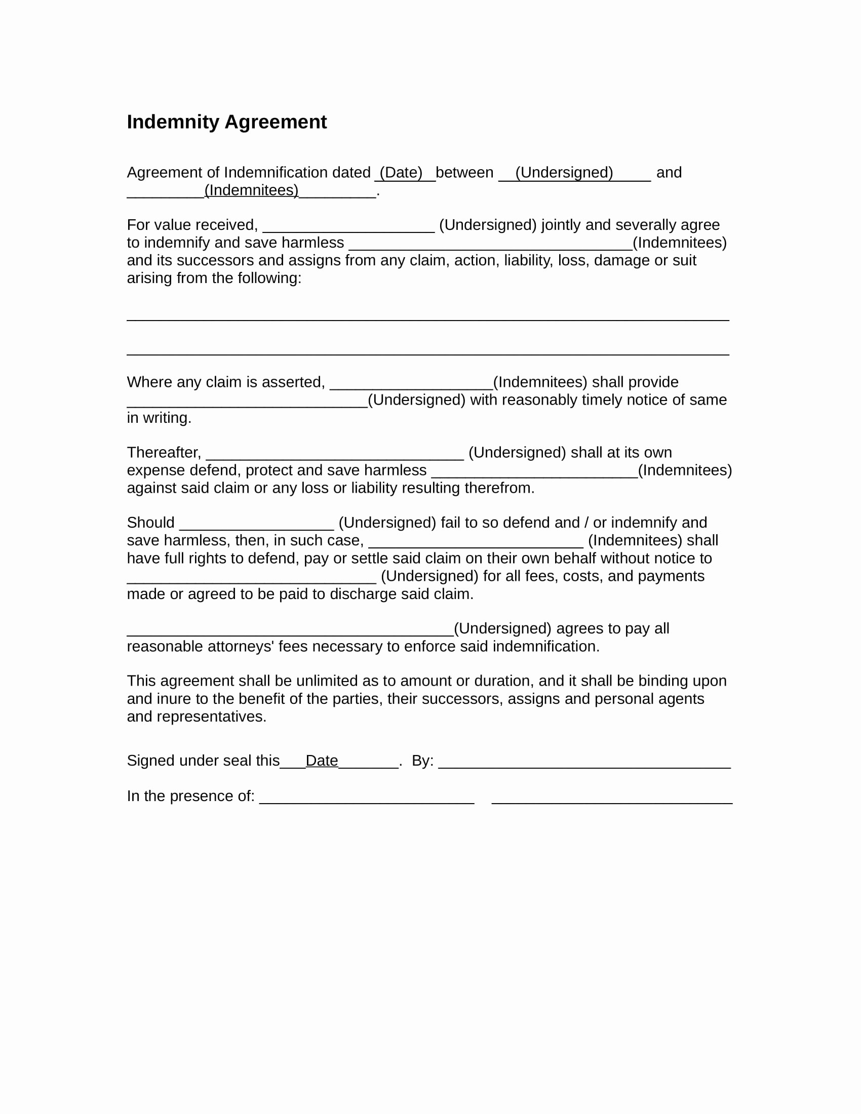Hold Harmless Agreement Sample Wording Luxury Free 5 Indemnity Agreement Contract forms In Pdf