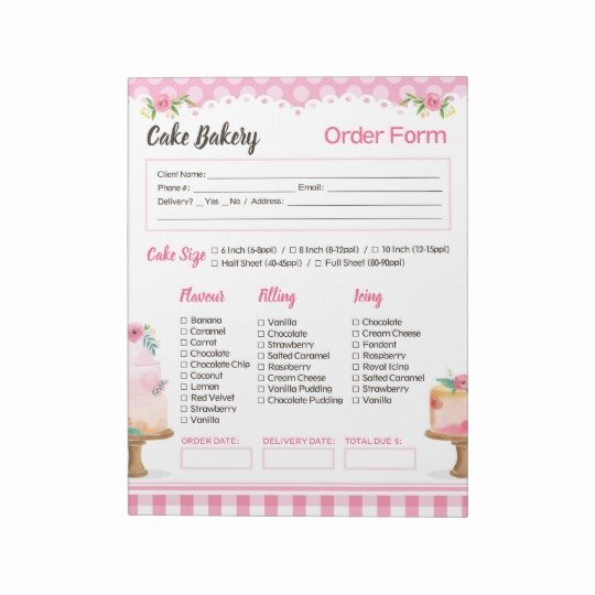 Home Bakery Cake order form Lovely Cake Bakery order form Notepad