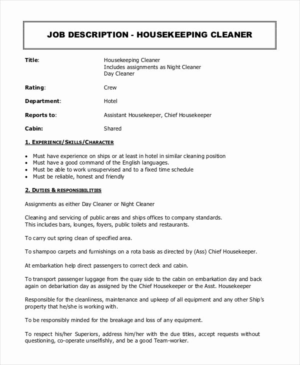 Housekeeping Supervisors Duties and Responsibilities Beautiful Housekeeper Job Description Example 14 Free Word Pdf