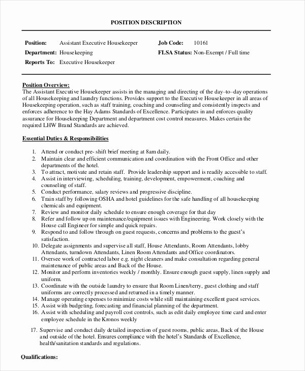 Housekeeping Supervisors Duties and Responsibilities Luxury Housekeeper Job Description Example 14 Free Word Pdf