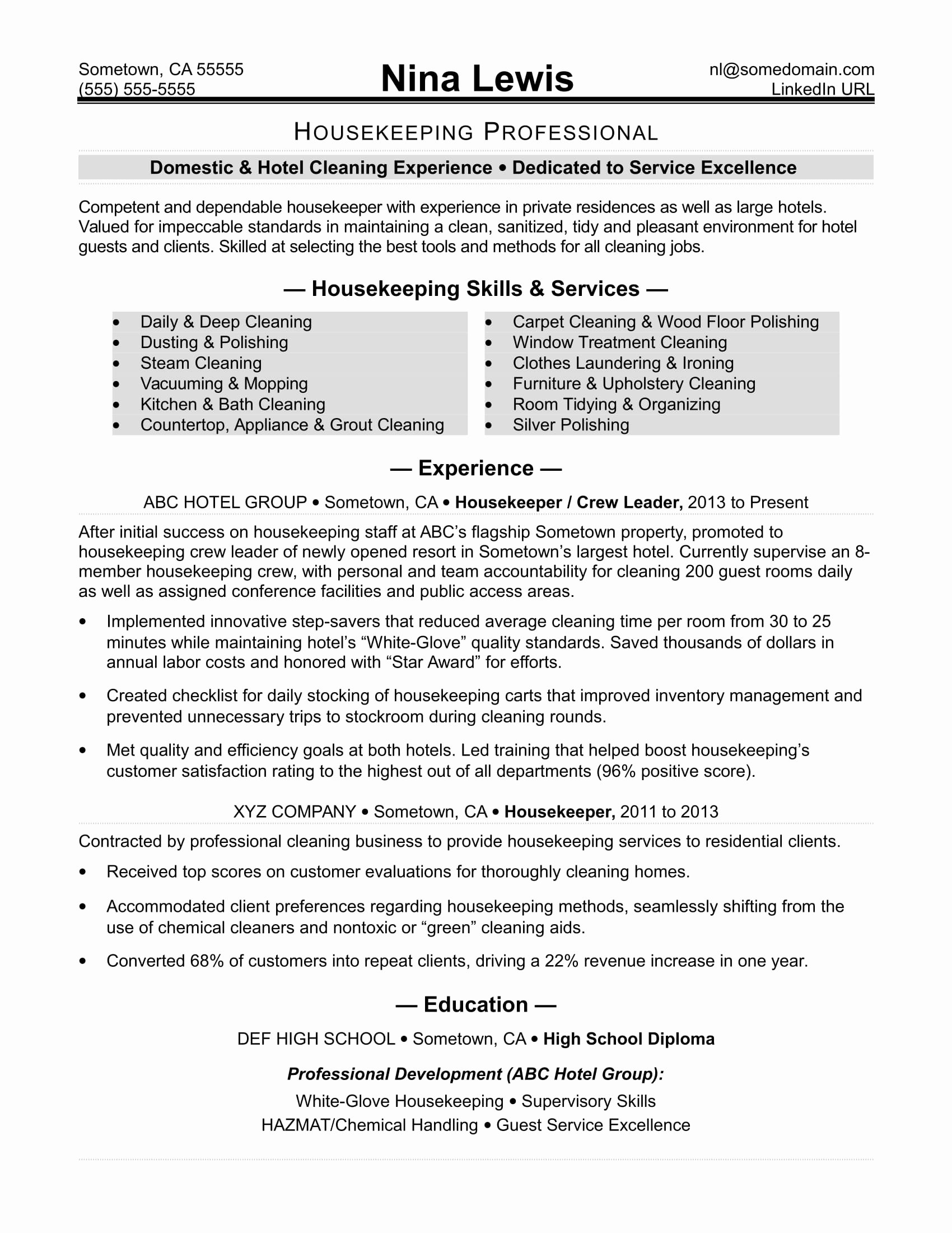 Housekeeping Supervisors Duties and Responsibilities New Housekeeping Resume Sample