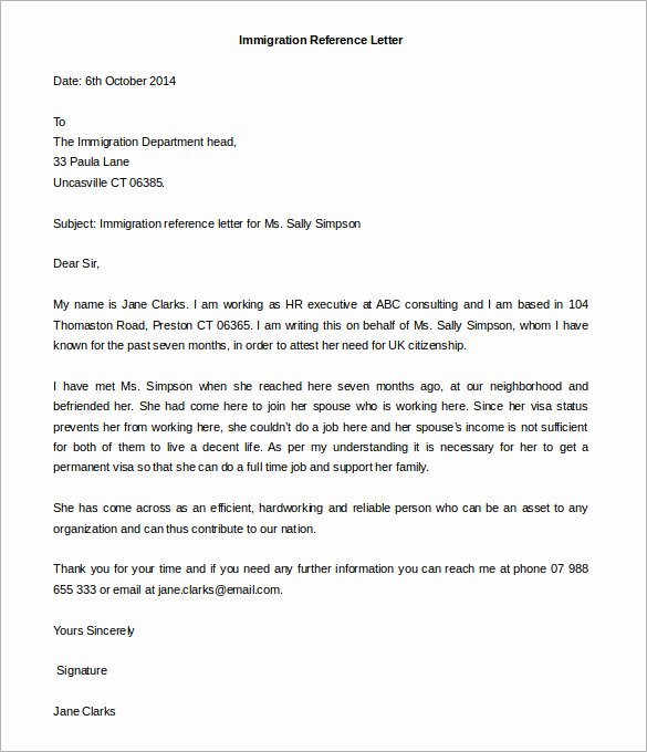 Immigration Reference Letter Template Beautiful Letter Re Mendation for Immigration