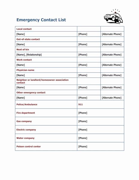 In Case Of Emergency form Elegant Emergency Contact List Templates Childcare
