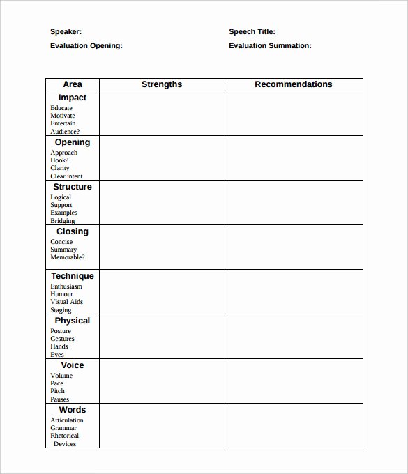 Individual Speech Evaluation form Awesome toastmaster Evaluation Template – 20 Free Word Pdf