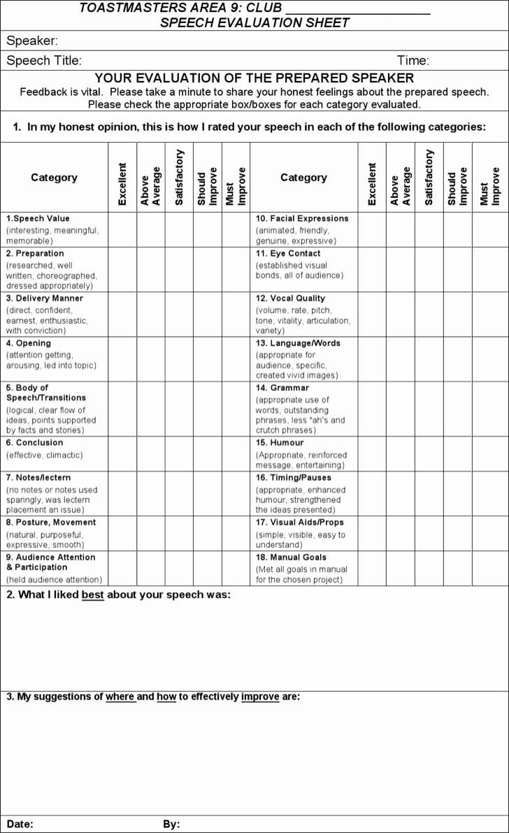 Individual Speech Evaluation form Beautiful 19 toastmaster Evaluation Template Free Download