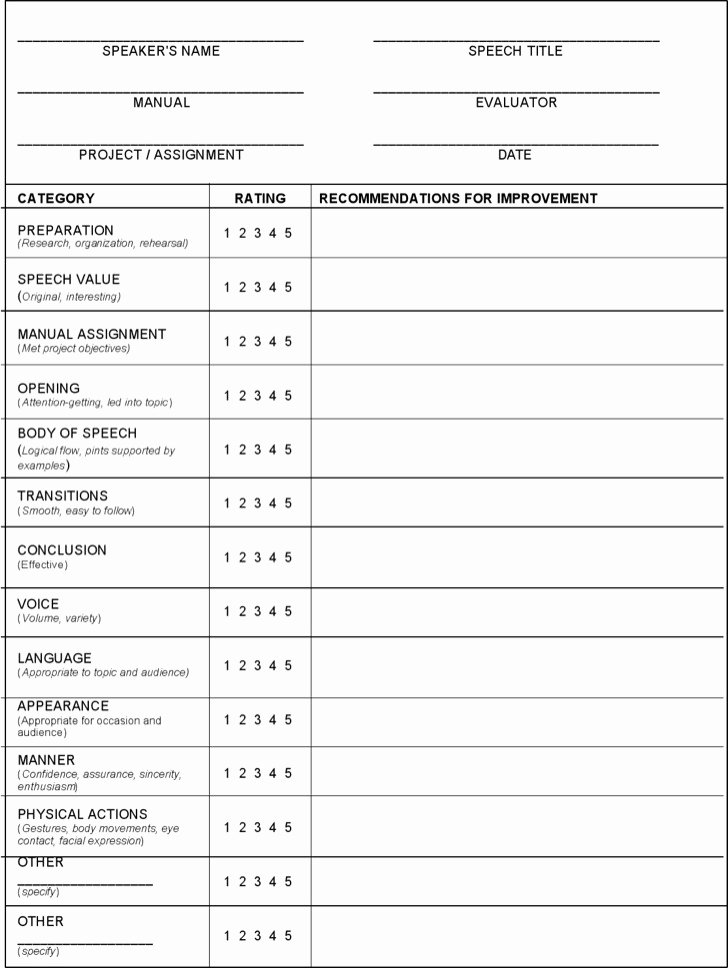 Individual Speech Evaluation form Best Of 19 toastmaster Evaluation Template Free Download