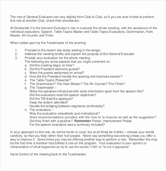 Individual Speech Evaluation form Best Of toastmaster Evaluation form toastmaster Evaluation
