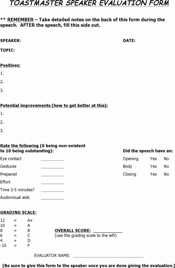 Individual Speech Evaluation form Inspirational 19 toastmaster Evaluation Template Free Download