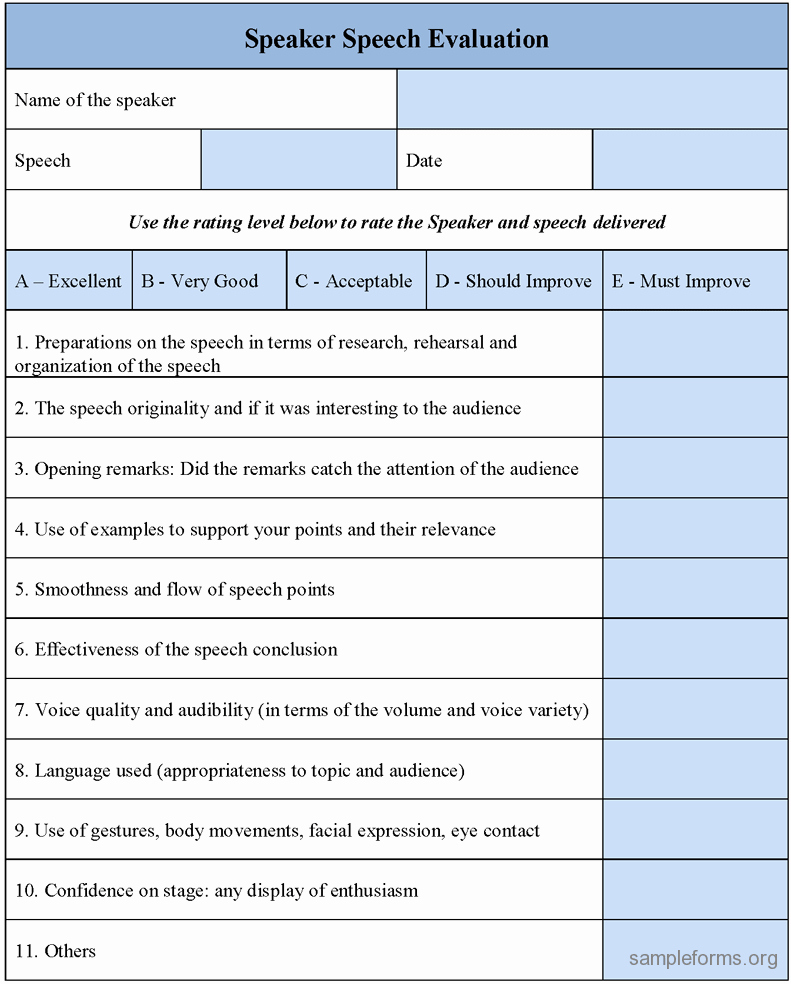 Individual Speech Evaluation form Inspirational Speaker Speech Evaluation form Sample forms