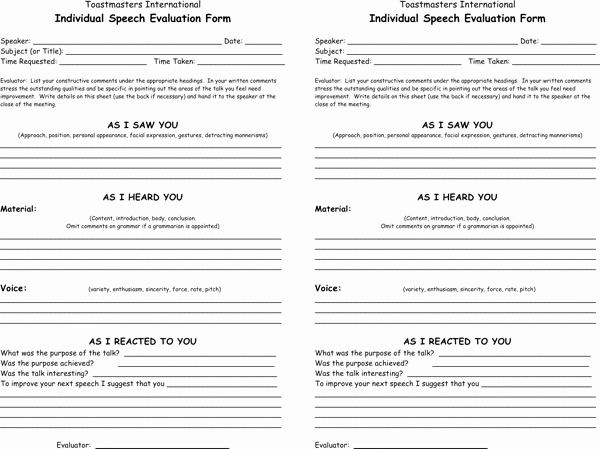 Individual Speech Evaluation form Luxury Download Individual Speech toastmasters Evaluation form