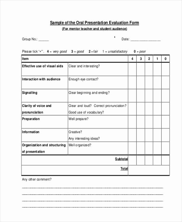 Individual Speech Evaluation form Unique Free 7 Sample oral Presentation Evaluation forms In Pdf
