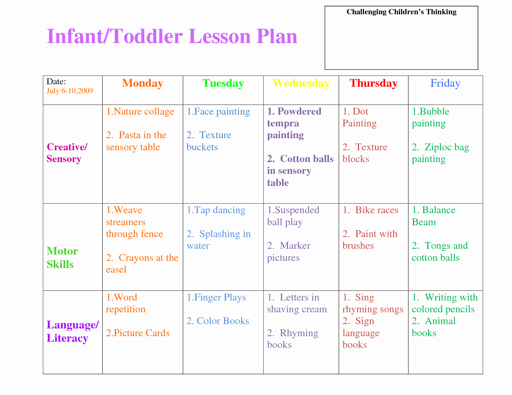 30 Infant Weekly Lesson Plan Example Document Template