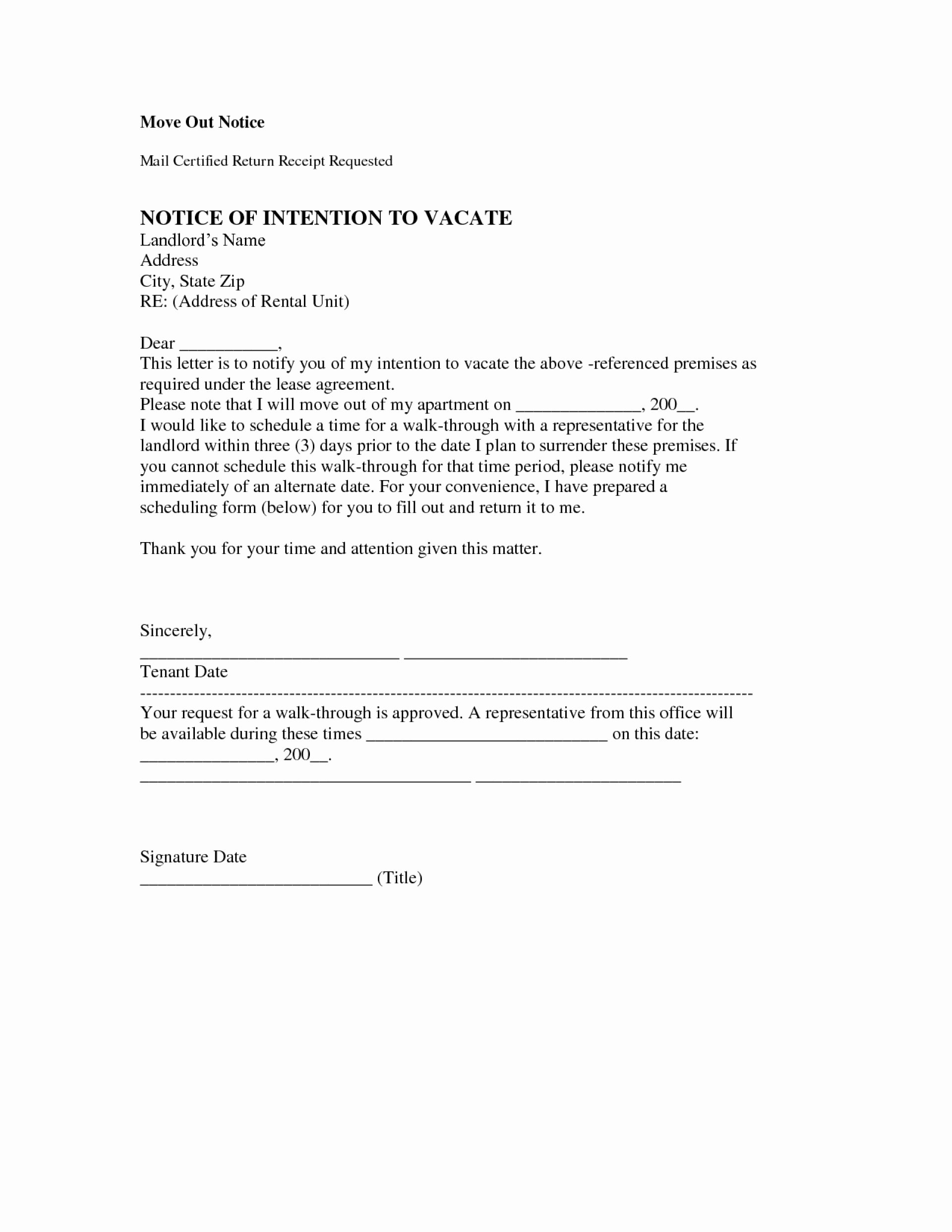 Intent to Vacate Apartment Luxury Vacating Apartment Letter Sample form Template