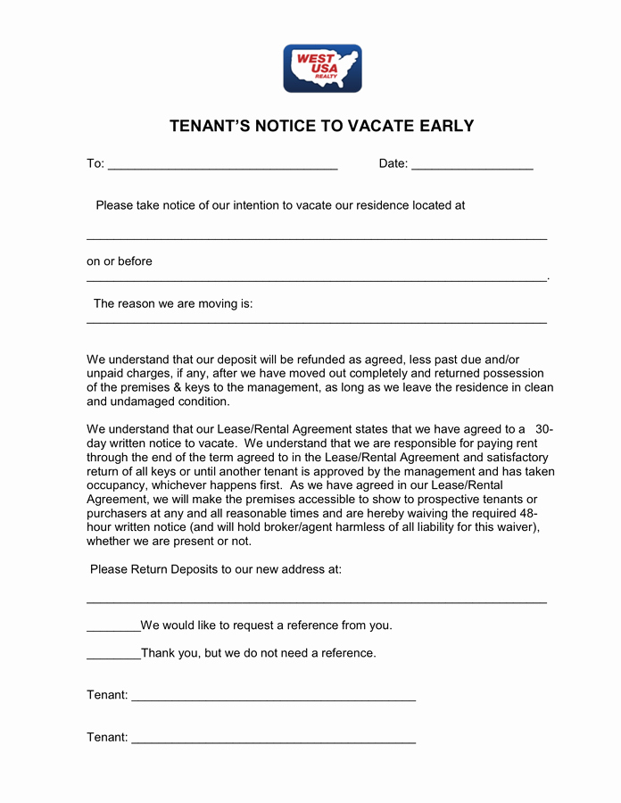 Intent to Vacate Letter Template New Notice Intent to Vacate