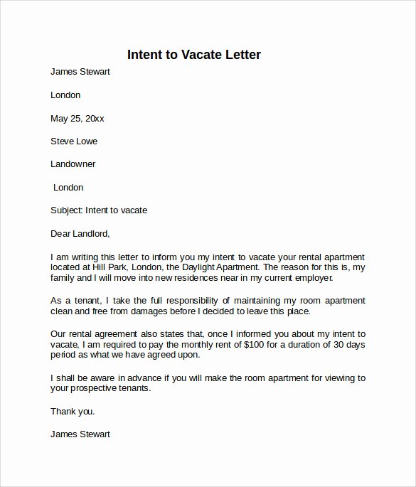 Intent to Vacate Letter Template Unique Intent to Vacate Letter – 7 Free Samples Examples &amp; formats