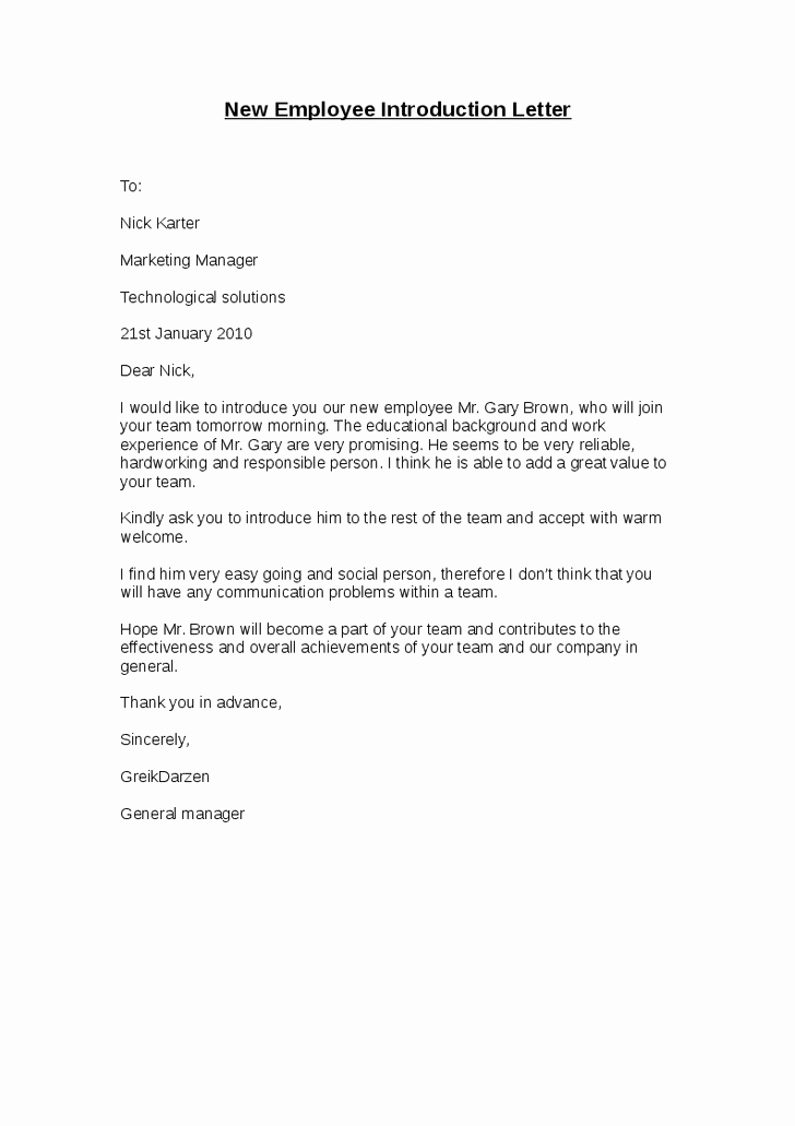 Introductory Letter for Employee Awesome New Employee Introduction Letter