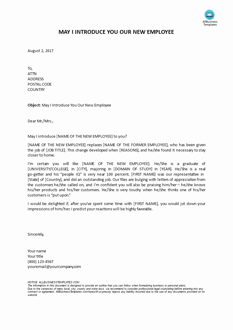 30 Introductory Letter For Employee Example Document Template