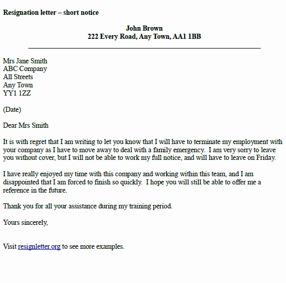 Involuntary Resignation Letter Sample Awesome Resignation Letter Example Short Notice Resignletter