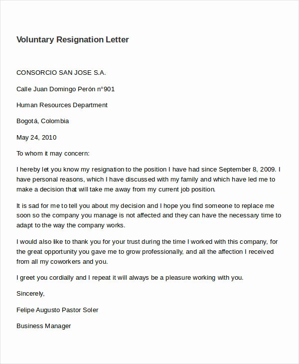 Involuntary Resignation Letter Sample Fresh Volunteer Resignation Letter Template 6 Free Word Pdf