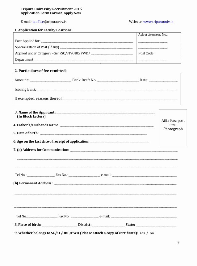 Job Application form Sample format Lovely Tripura University Recruitment 2015 Application form
