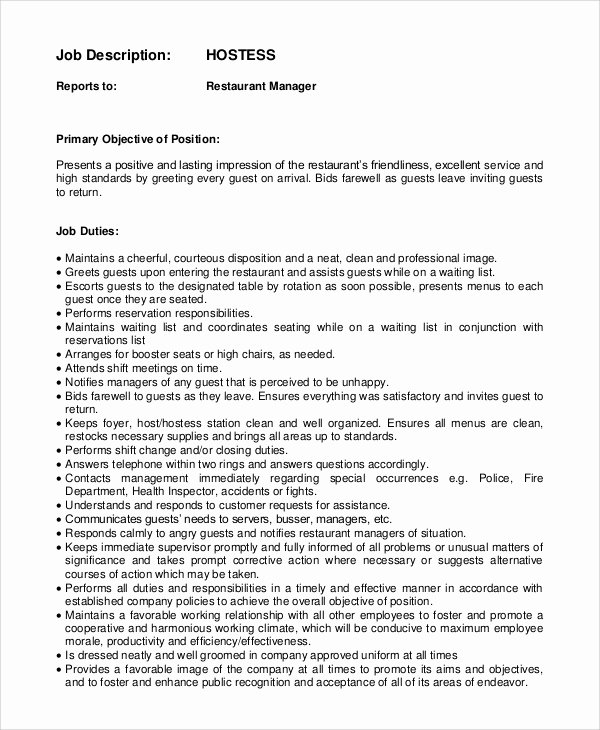 30 Job Description For Hostess Example Document Template