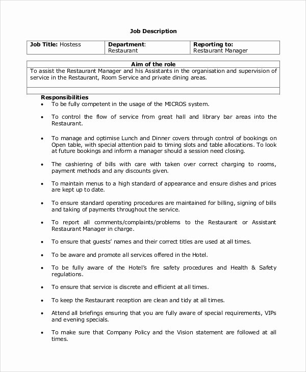 30 Job Description For Hostess Example Document Template