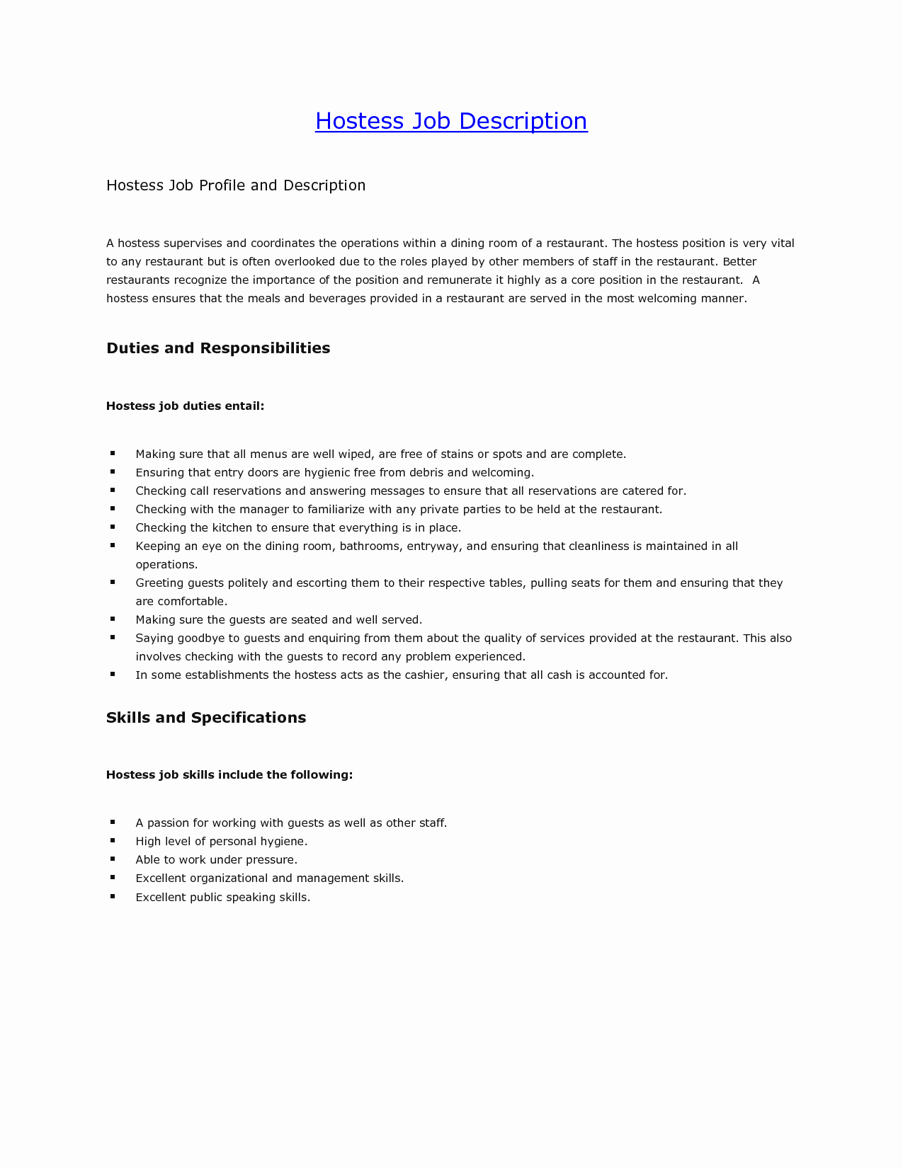 30 Job Description For Hostess Example Document Template