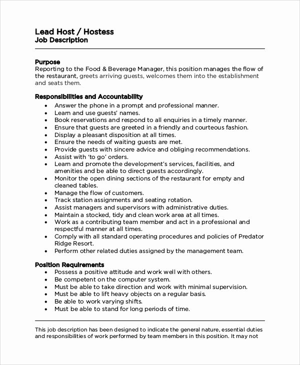 30 Job Description For Hostess Example Document Template