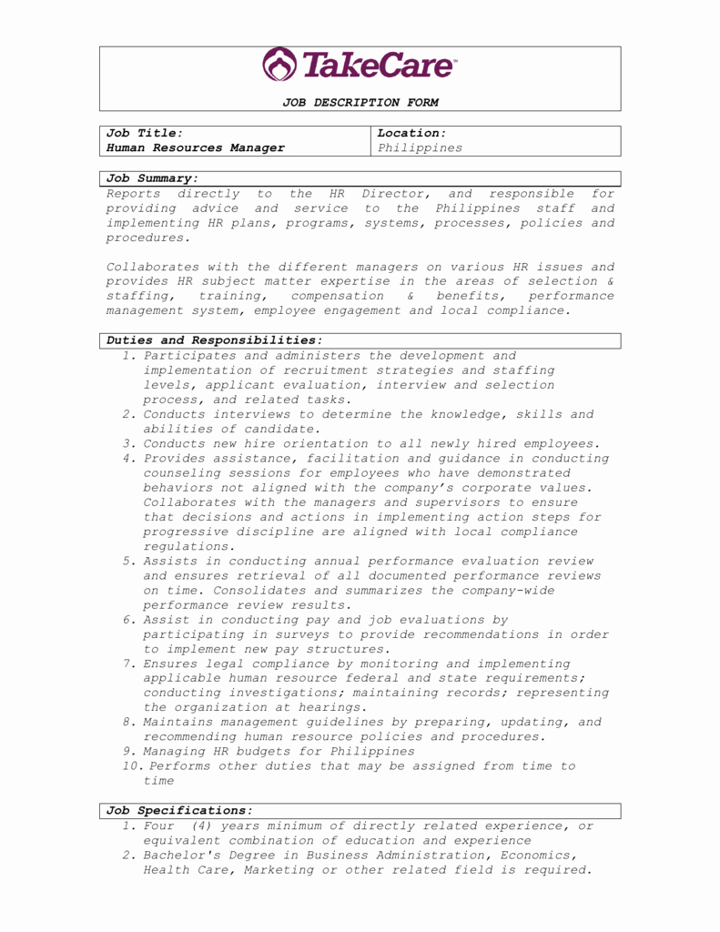 Job Description Human Resources Unique Job Description form Job Title Human Resources Manager